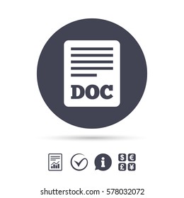 File document icon. Download doc button. Doc file symbol. Report document, information and check tick icons. Currency exchange. Vector
