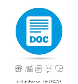 File document icon. Download doc button. Doc file symbol. Copy files, chat speech bubble and chart web icons. Vector