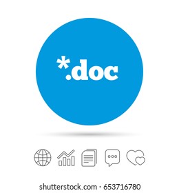 File document icon. Download doc button. Doc file extension symbol. Copy files, chat speech bubble and chart web icons. Vector