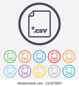File document icon. Download tabular data file button. CSV file extension symbol. Round circle buttons with frame. Vector