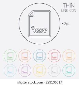 File document icon. Download tabular data file button. CSV file extension symbol. Thin line circle web icons with outline. Vector