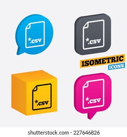 File document icon. Download tabular data file button. CSV file extension symbol. Isometric speech bubbles and cube. Rotated icons with edges. Vector