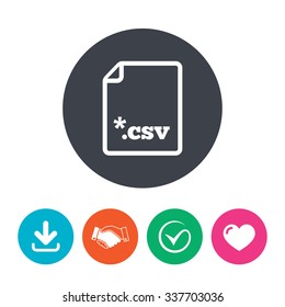 File document icon. Download tabular data file button. CSV file extension symbol. Download arrow, handshake, tick and heart. Flat circle buttons.