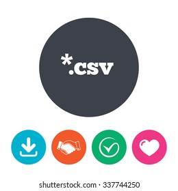 File document icon. Download tabular data file button. CSV file extension symbol. Download arrow, handshake, tick and heart. Flat circle buttons.