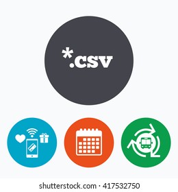 File document icon. Download tabular data file button. CSV file extension symbol. Mobile payments, calendar and wifi icons. Bus shuttle.