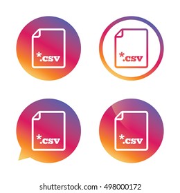 File document icon. Download tabular data file button. CSV file extension symbol. Gradient buttons with flat icon. Speech bubble sign. Vector