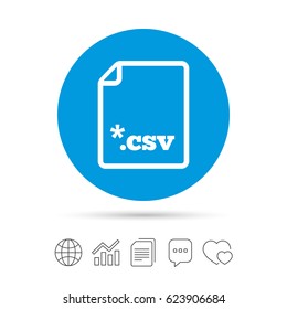 File document icon. Download tabular data file button. CSV file extension symbol. Copy files, chat speech bubble and chart web icons. Vector