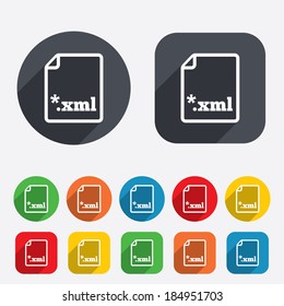 File document icon. Download XML button. XML file extension symbol. Circles and rounded squares 12 buttons. Vector