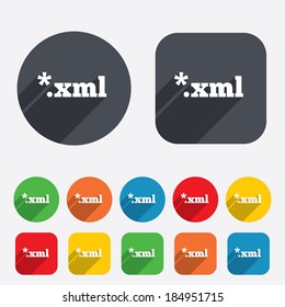 File document icon. Download XML button. XML file extension symbol. Circles and rounded squares 12 buttons. Vector