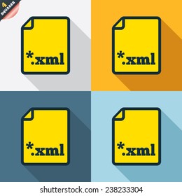 File document icon. Download XML button. XML file extension symbol. Four squares. Colored Flat design buttons. Vector
