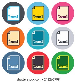 File document icon. Download XML button. XML file extension symbol. Colored round buttons. Flat design circle icons set. Vector