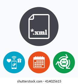 File document icon. Download XML button. XML file extension symbol. Mobile payments, calendar and wifi icons. Bus shuttle.