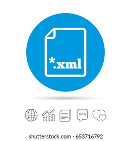 File document icon. Download XML button. XML file extension symbol. Copy files, chat speech bubble and chart web icons. Vector