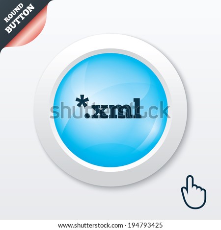 File document icon. Download XML button. XML file extension symbol. Blue shiny button. Modern UI website button with hand cursor pointer. Vector