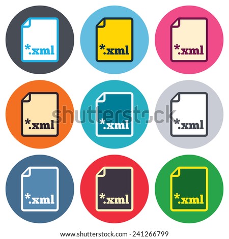 File document icon. Download XML button. XML file extension symbol. Colored round buttons. Flat design circle icons set. Vector