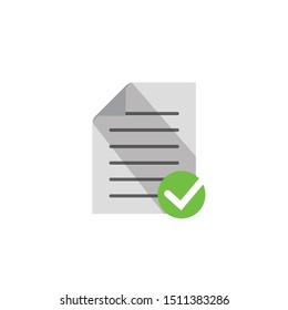 File document icon with green check mark sign below. Flat design graphic illustration with shadow