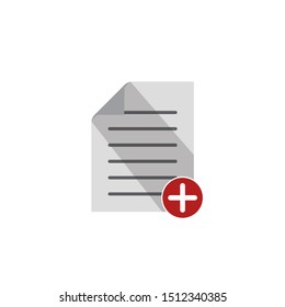 File document icon with the plus sign below. Flat design graphic illustration with shadow