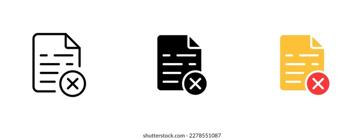 A file or document icon with a red X or cross on it, indicating that the file has been deleted or cannot be opened. Vector set of icons in line, black and colorful styles isolated.