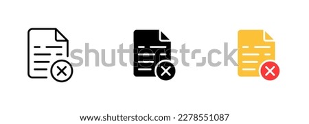 A file or document icon with a red X or cross on it, indicating that the file has been deleted or cannot be opened. Vector set of icons in line, black and colorful styles isolated.