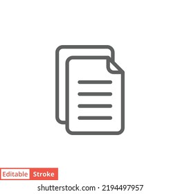 Icono de documento de archivo. Estilo de contorno simple. Dos páginas apiladas, papel, concepto de negocio. Ilustración vectorial de línea delgada aislada en fondo blanco. EPS de trazo editable 10.