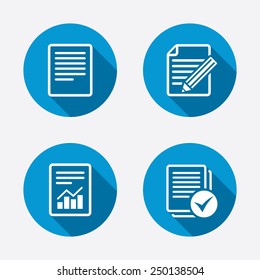 File document icons. Document with chart or graph symbol. Edit content with pencil sign. Select file with checkbox. Circle concept web buttons. Vector