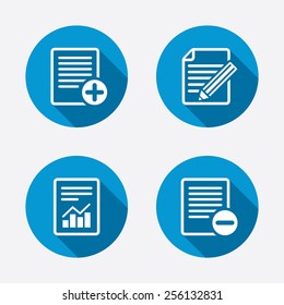 File document icons. Document with chart or graph symbol. Edit content with pencil sign. Add file. Circle concept web buttons. Vector