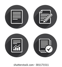 File document icons. Document with chart or graph symbol. Edit content with pencil sign. Select file with checkbox. Circles buttons with long flat shadow. Vector