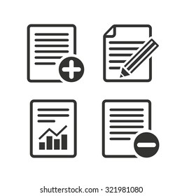 File document icons. Document with chart or graph symbol. Edit content with pencil sign. Add file. Flat icons on white. Vector