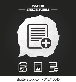 File document icons. Document with chart or graph symbol. Edit content with pencil sign. Add file. Paper speech bubble with icon.