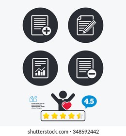 File document icons. Document with chart or graph symbol. Edit content with pencil sign. Add file. Star vote ranking. Client like and think bubble. Quotes with message.