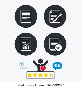 File document icons. Document with chart or graph symbol. Edit content with pencil sign. Select file with checkbox. Star vote ranking. Client like and think bubble. Quotes with message.