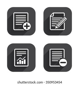 File document icons. Document with chart or graph symbol. Edit content with pencil sign. Add file. Square flat buttons with long shadow.