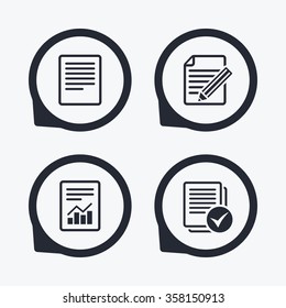 File document icons. Document with chart or graph symbol. Edit content with pencil sign. Select file with checkbox. Flat icon pointers.