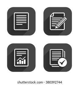 File document icons. Document with chart or graph symbol. Edit content with pencil sign. Select file with checkbox. Square flat buttons with long shadow.