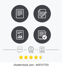 File document icons. Document with chart or graph symbol. Edit content with pencil sign. Select file with checkbox. Chat, award medal and report linear icons. Star vote ranking. Vector