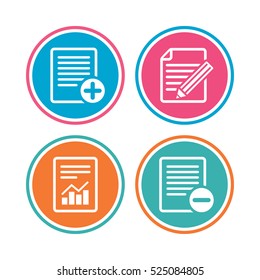 File document icons. Document with chart or graph symbol. Edit content with pencil sign. Add file. Colored circle buttons. Vector