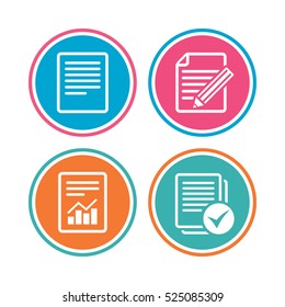 File document icons. Document with chart or graph symbol. Edit content with pencil sign. Select file with checkbox. Colored circle buttons. Vector