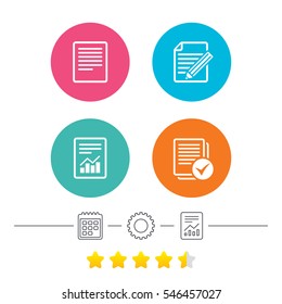 File document icons. Document with chart or graph symbol. Edit content with pencil sign. Select file with checkbox. Calendar, cogwheel and report linear icons. Star vote ranking. Vector