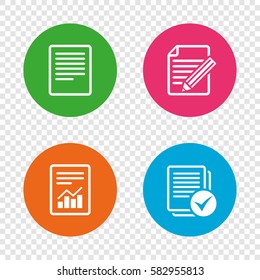 File document icons. Document with chart or graph symbol. Edit content with pencil sign. Select file with checkbox. Round buttons on transparent background. Vector