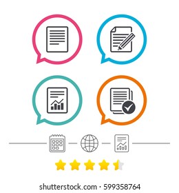 File document icons. Document with chart or graph symbol. Edit content with pencil sign. Select file with checkbox. Calendar, internet globe and report linear icons. Star vote ranking. Vector