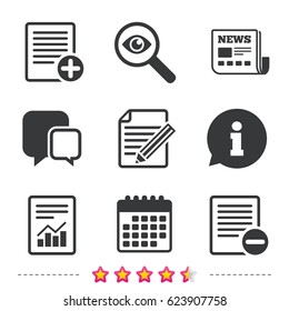 File document icons. Document with chart or graph symbol. Edit content with pencil sign. Add file. Newspaper, information and calendar icons. Investigate magnifier, chat symbol. Vector