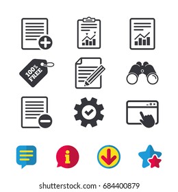 File document icons. Document with chart or graph symbol. Edit content with pencil sign. Add file. Browser window, Report and Service signs. Binoculars, Information and Download icons. Stars and Chat