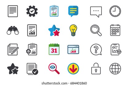 File document icons. Document with chart or graph symbol. Edit content with pencil sign. Select file with checkbox. Chat, Report and Calendar signs. Stars, Statistics and Download icons. Vector