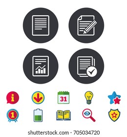 File document icons. Document with chart or graph symbol. Edit content with pencil sign. Select file with checkbox. Calendar, Information and Download signs. Stars, Award and Book icons. Vector