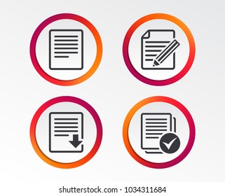 File document icons. Download file symbol. Edit content with pencil sign. Select file with checkbox. Infographic design buttons. Circle templates. Vector