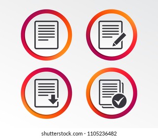 File document icons. Download file symbol. Edit content with pencil sign. Select file with checkbox. Infographic design buttons. Circle templates. Vector