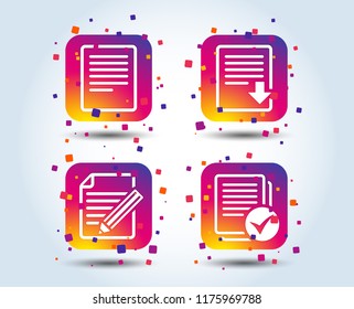 File document icons. Download file symbol. Edit content with pencil sign. Select file with checkbox. Colour gradient square buttons. Flat design concept. Vector
