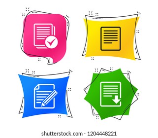 File document icons. Download file symbol. Edit content with pencil sign. Select file with checkbox. Geometric colorful tags. Banners with flat icons. Trendy design. Vector