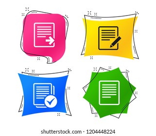 File document icons. Download file symbol. Edit content with pencil sign. Select file with checkbox. Geometric colorful tags. Banners with flat icons. Trendy design. Vector