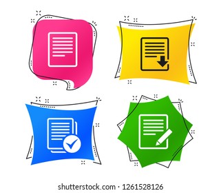 File document icons. Download file symbol. Edit content with pencil sign. Select file with checkbox. Geometric colorful tags. Banners with flat icons. Trendy design. Vector